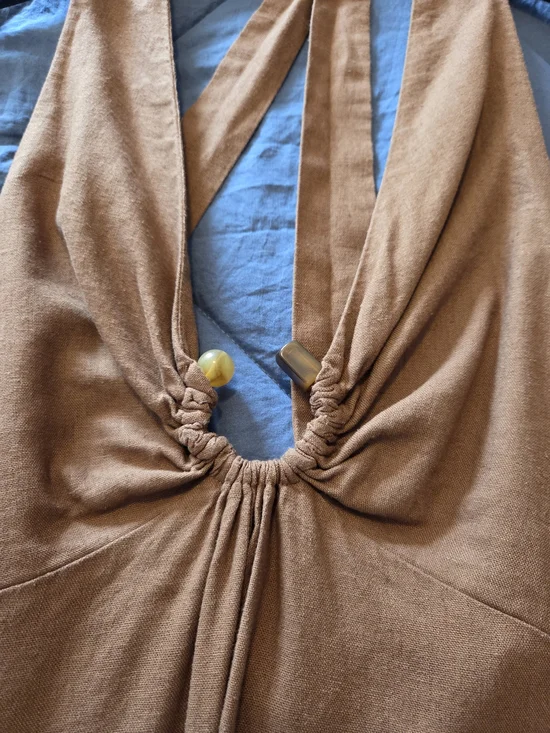 ZARA Black Label Taupe Backless Maxi Dress with Knotted Front Halter Size M - Picture 7 of 10